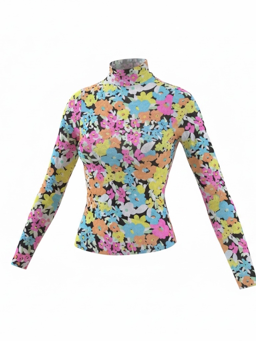 AFRM Mesh Floral Long Sleeve Top Sheer Fitted Mock Neck Bodycon Going Out S